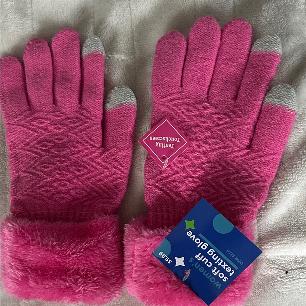 Pink Texting Gloves with Faux Fur Cuff
